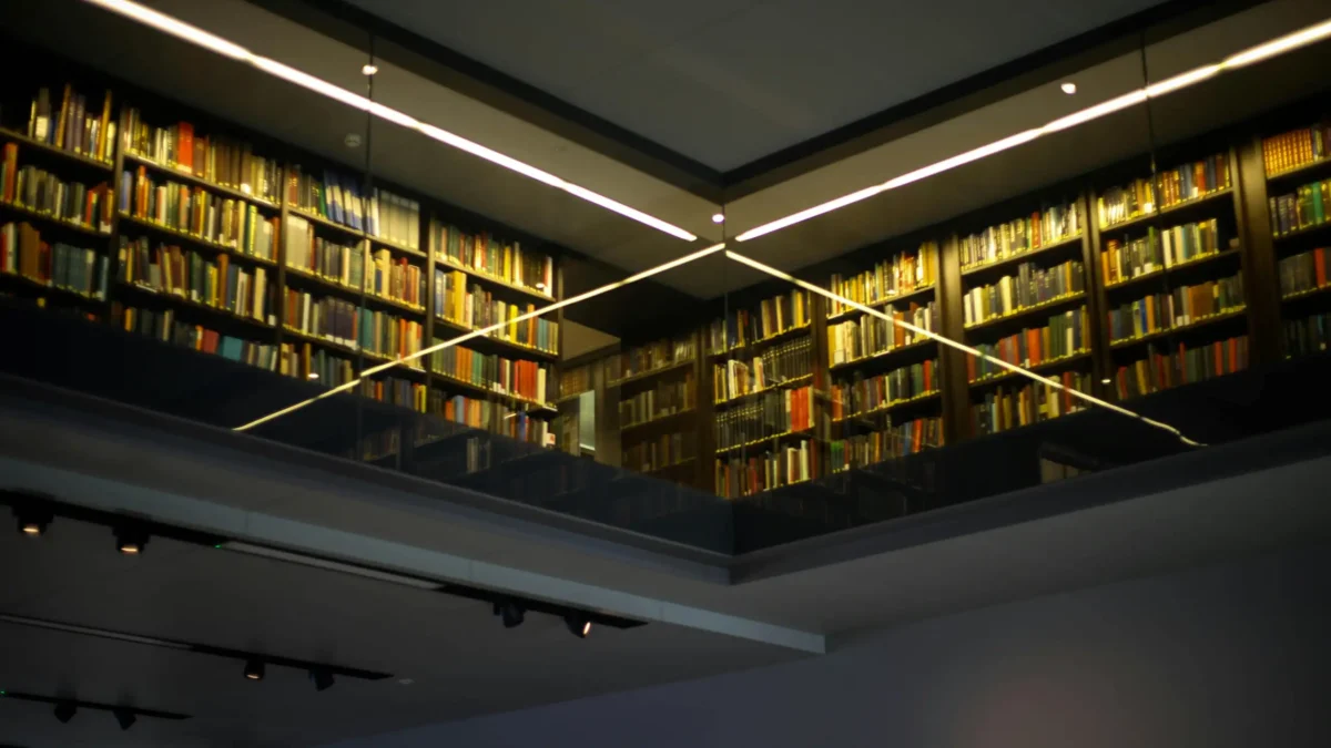 Resources and books in a library shelf in low lighting