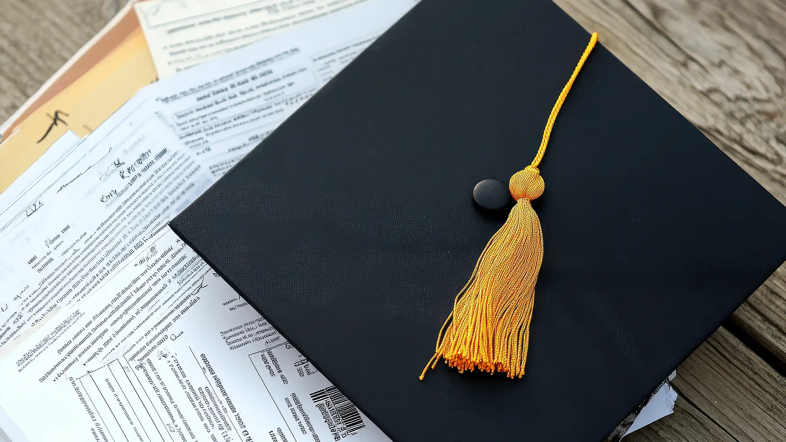 I graduation cap lying on top of several grants and proposals.