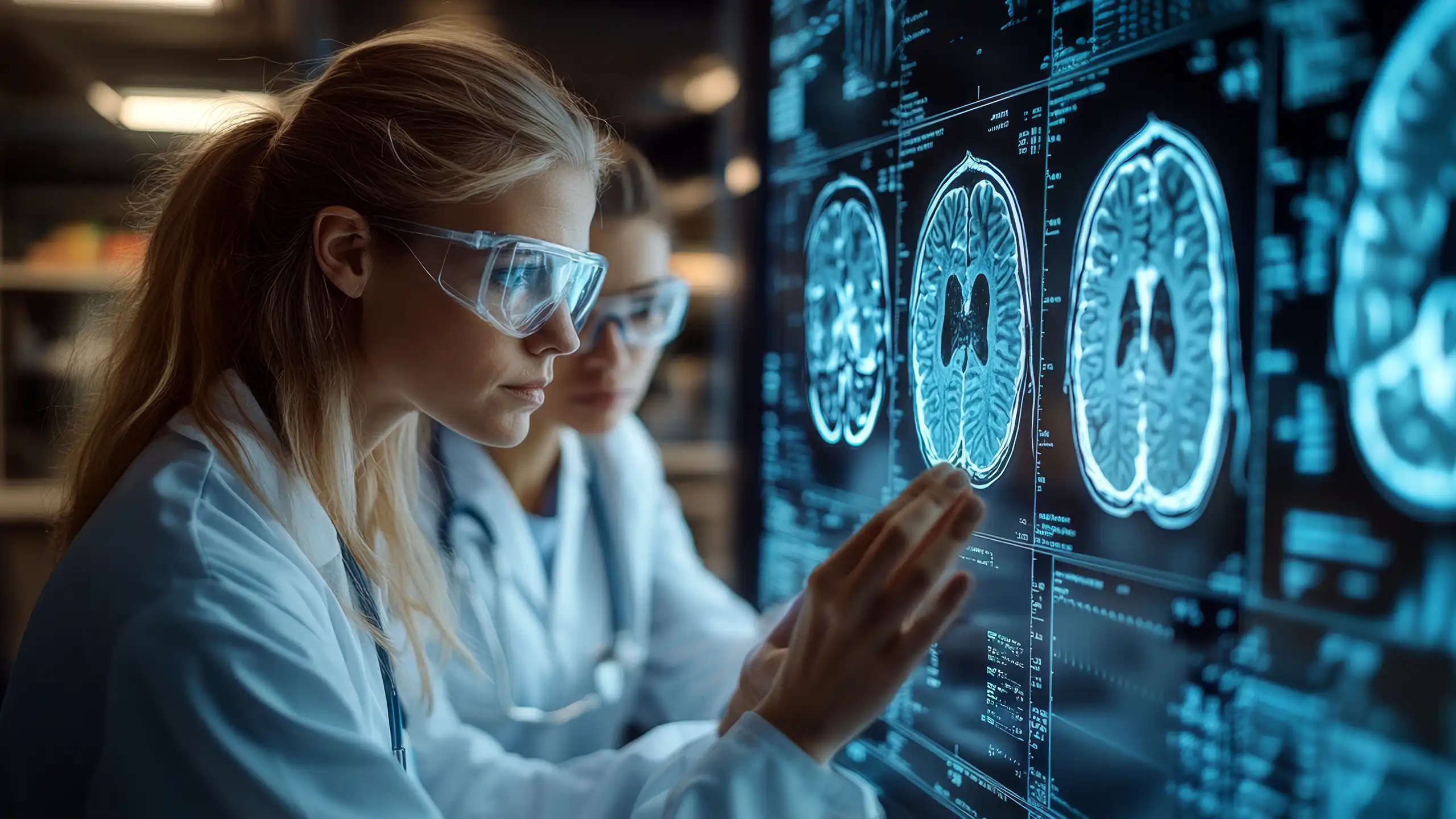 Two people from the ICEL analyzing a brain scan on a large monitor.