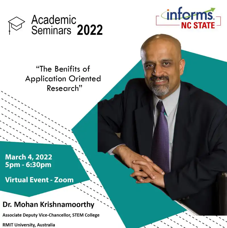 informs seminar speaker mohan krishnamoorthy against a blue hexagon against a white background.