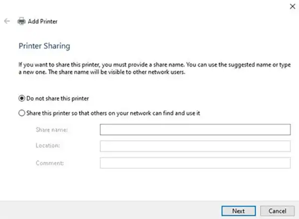Select the "Do not share" option and click, "Next".