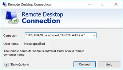 A screenshot of the Remote Desktop Connection window.