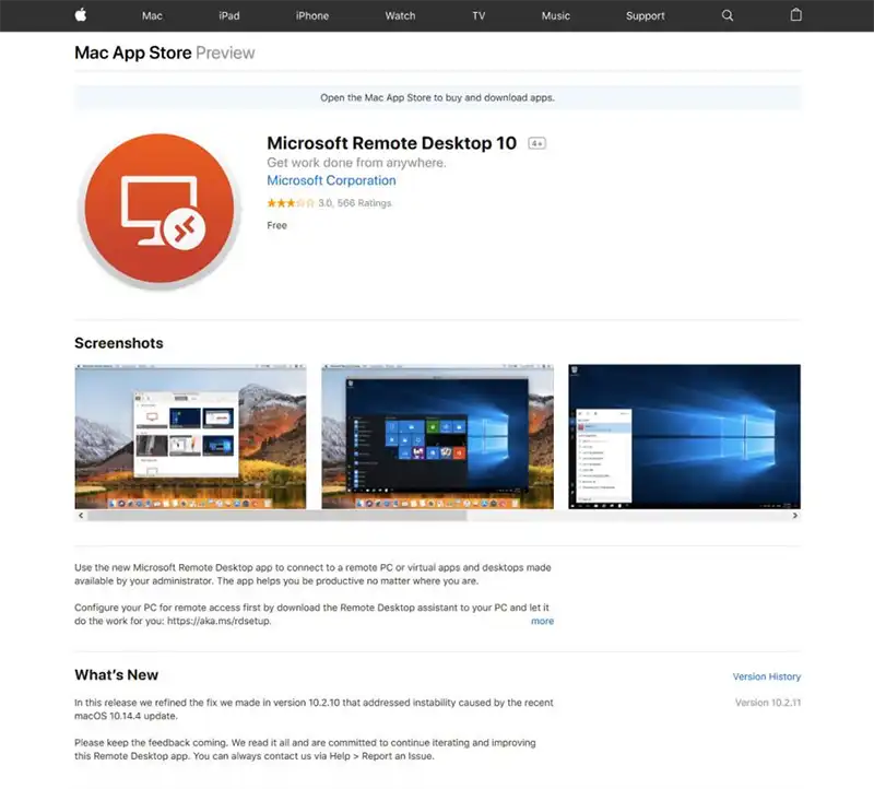 macOS Microsoft Remote Desktop 10 App Store web page