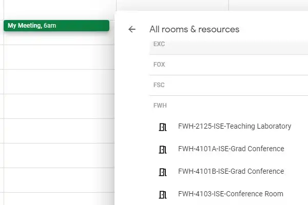 A screenshot of Google Calendar showing how to add room reservations to your event.
