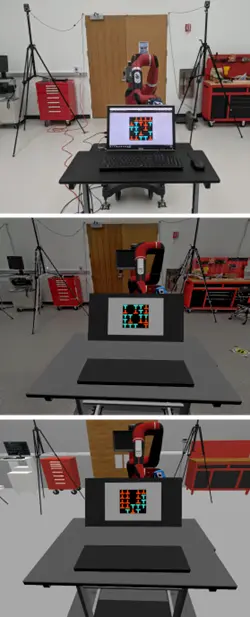 Three experimental conditions: physical environment, LiDAR scanned virtual environment, and CAD virtual environment.