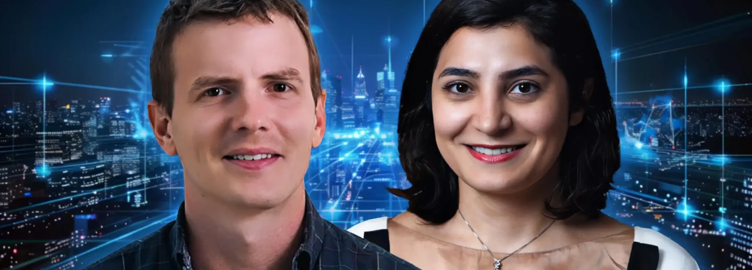 Headshots of ISE assistant professors Jordan Kern and Sara Shashaani standing in front of a digital city.