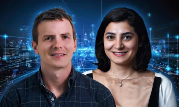 Headshots of ISE assistant professors Jordan Kern and Sara Shashaani standing in front of a digital city.