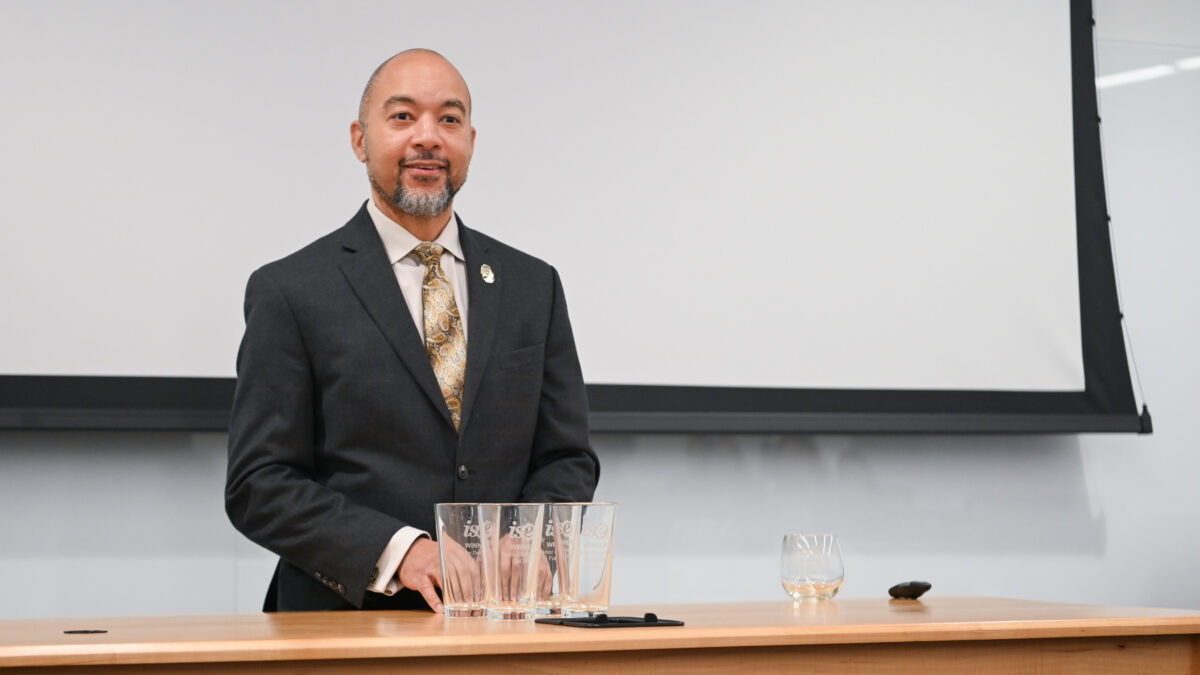 Dr. Kanton Reynolds preparing to hand out senior design awards