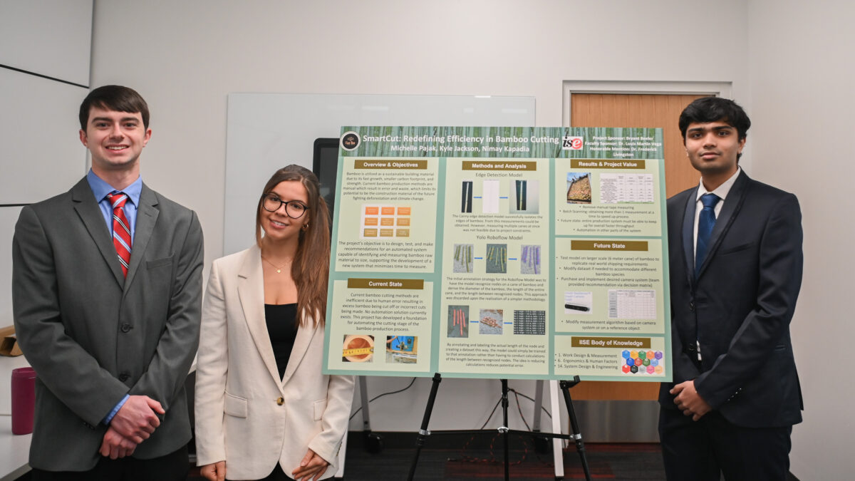 Team Five Bee stands next to their senior design poster