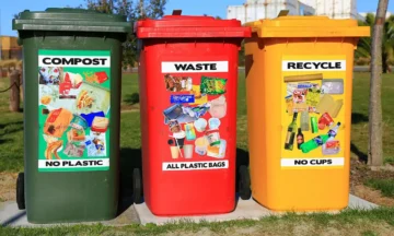 Three different colored recycling bins sitting on a concrete pad.