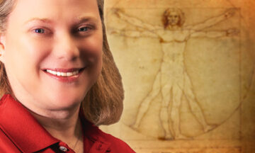 A headshot of Julia Abate with an image of Da Vinci's Vitruvian Man in the background.