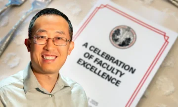 A headshot of Renran Tian overlaid on a photo of a table place setting with a program