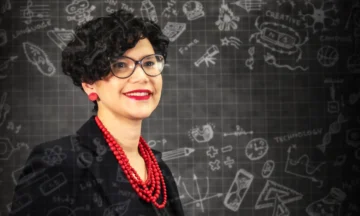 A headshot of Maria Mayorga with an abstract educational background